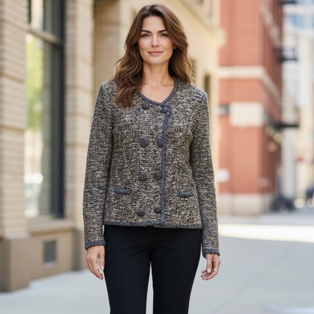 CAbi Textured Knit Jacket in Black Tan &‎ Gray - Size Medium Large -